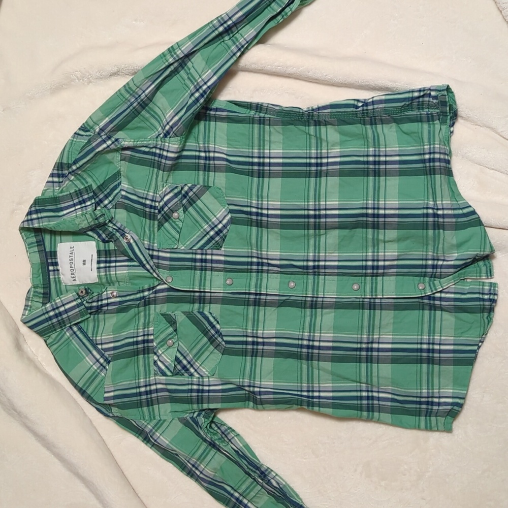 Aeropostale men's flannel size medium Green Blue And White Plaid